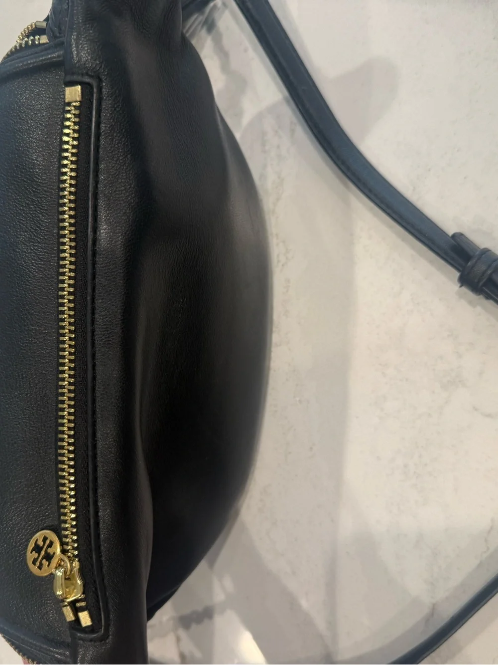 Tory Burch Black Quilted Leather Crossbody Belt Bag with Tassel Accent